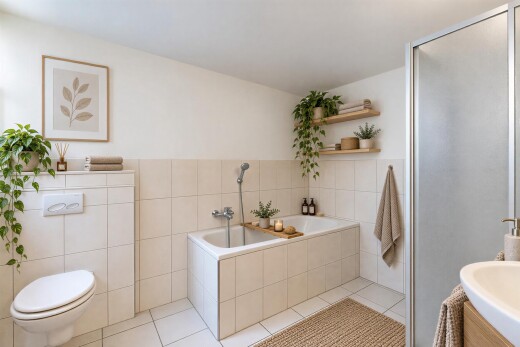 bad mit komplettes badezimmer, bad, fliesenboden, tile floor, und dusche