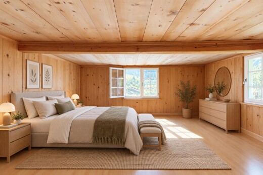 zimmer / schlafzimmer mit dated wood wall, wood wall, holzwand, wood finish floor, und holzfußboden