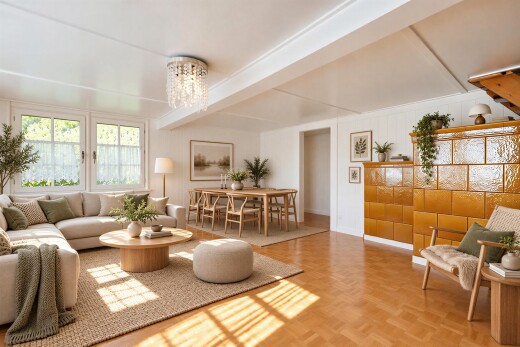 wohn- / esszimmer mit virtually staged, holzfußboden, wood finish floor, und parquet floor