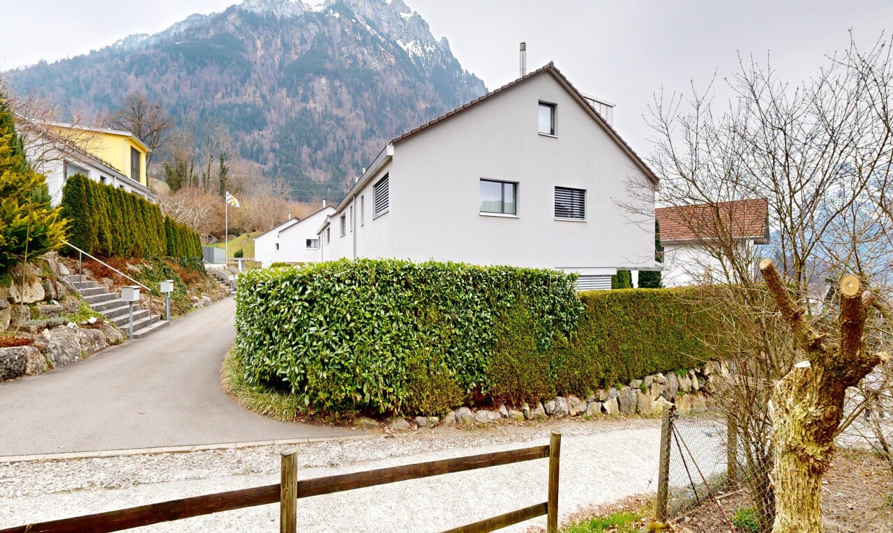 außenansicht mit zaun, mountain view, blick auf die berge, stuckverkleidung, und overcast