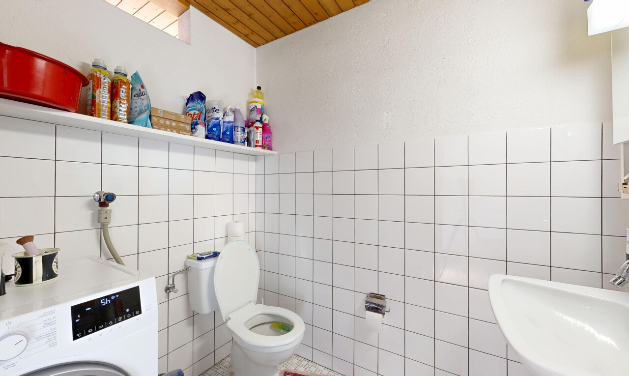 salle de bains avec lave-linge et sèche-linge, inside property, tile wall, mur en carrelage, et toilette