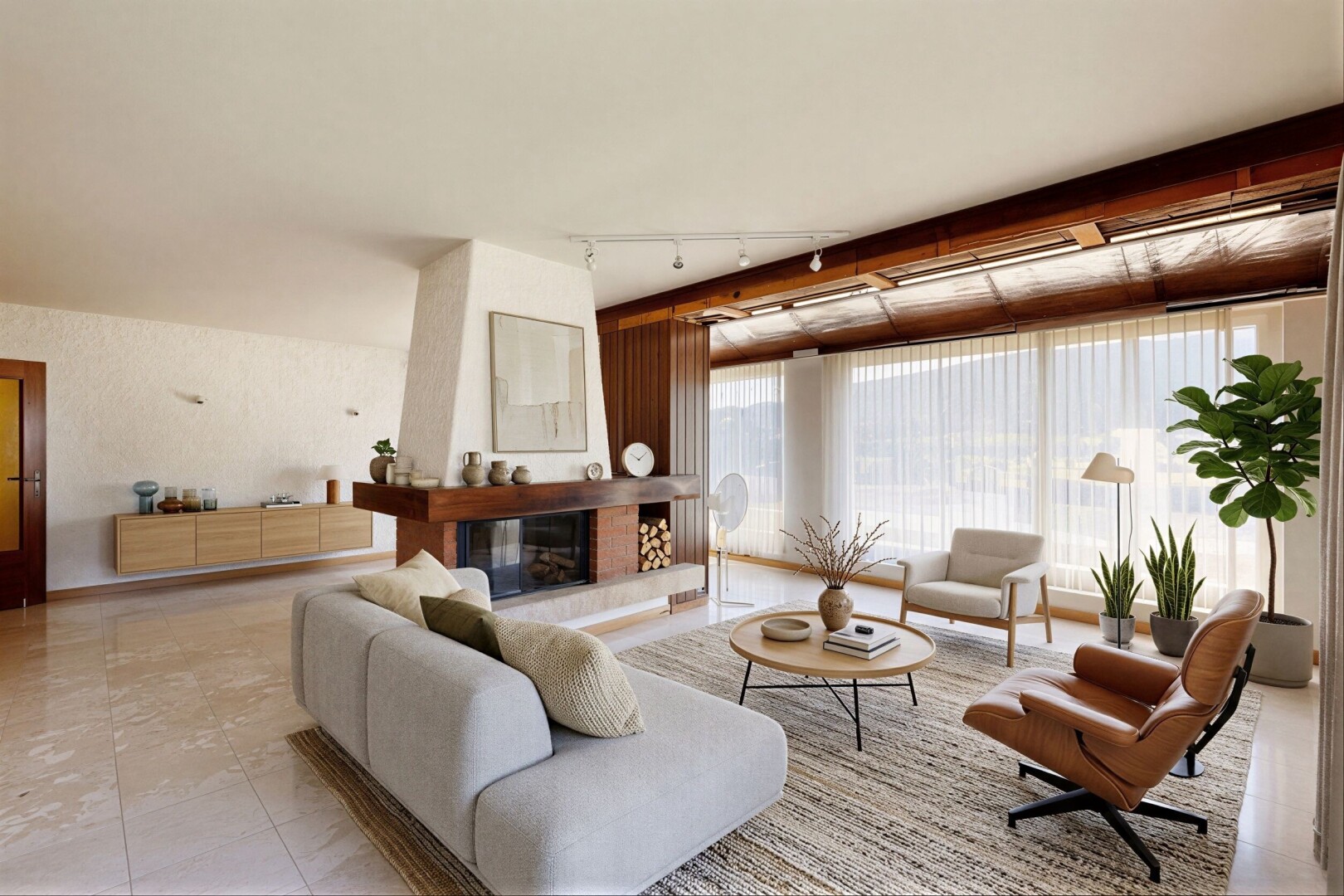 wohnzimmer mit natural light, natürliches licht, inside community, kamin, und baseboards wall