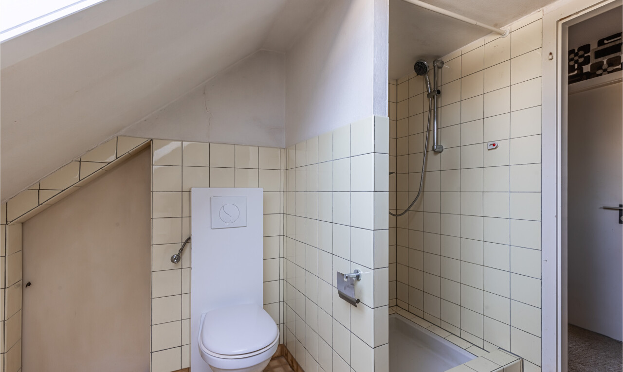 salle de bains avec toilette, douche, mur en carrelage, tile wall, et salle de bain complète