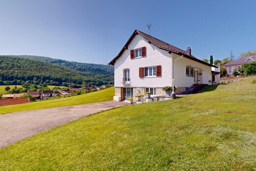 außenansicht mit day time, auffahrt, rasen, schornstein, und property visible