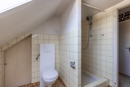 bad mit toilette, dusche, fliesenwand, tile wall, und komplettes badezimmer