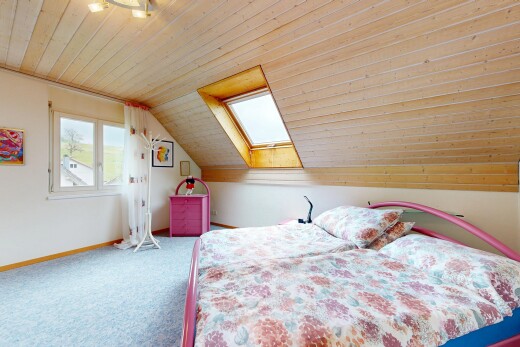 chambre avec pièce supplémentaire, puits de lumière, plafond voûté, vaulted ceiling, et inside property