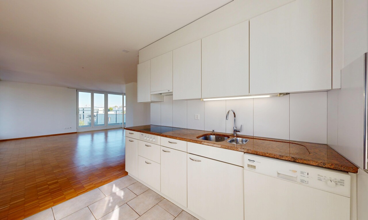 cuisine avec lumière naturelle, natural light, lave-vaisselle, armoires blanches, et white cabinets