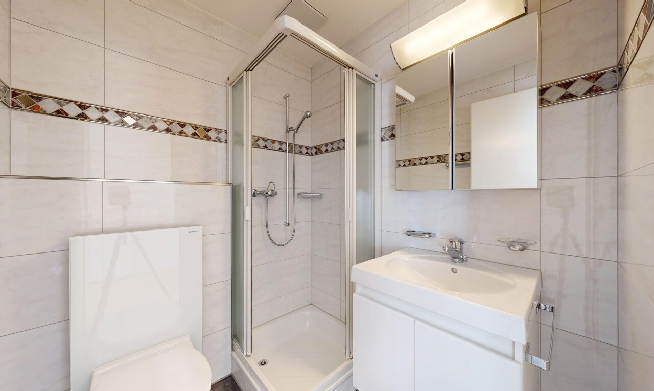 salle de bains avec mur en carrelage, tile wall, miroir, lavabo (ou coiffeuse selon le contexte), et douche