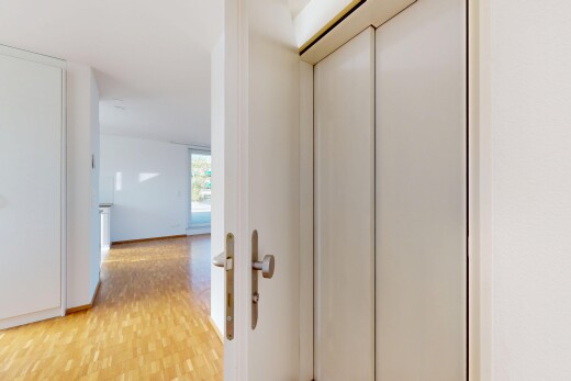 couloir avec sol en finition bois, wood finish floor, inside property, cloison sèche, et drywall