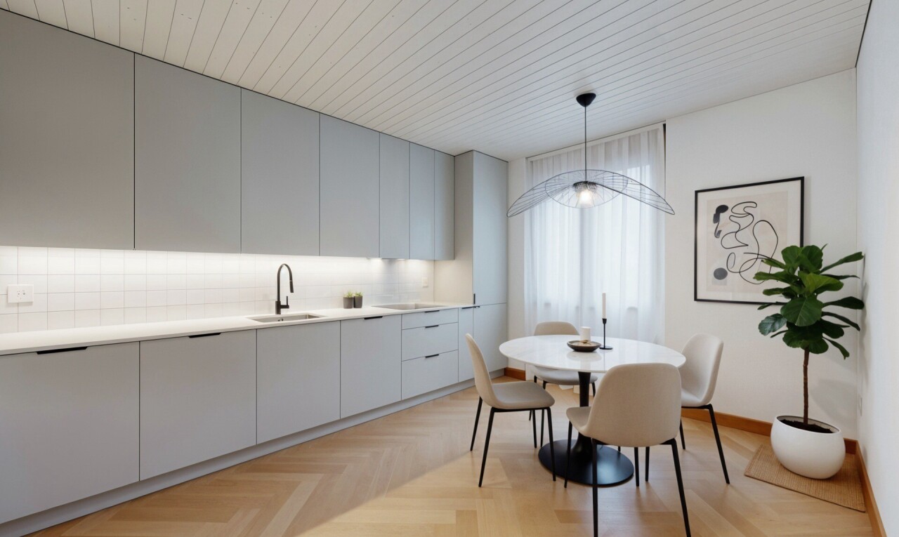 küche mit mikrowelle, drywall, gipskartonwand, inside property, und ofen