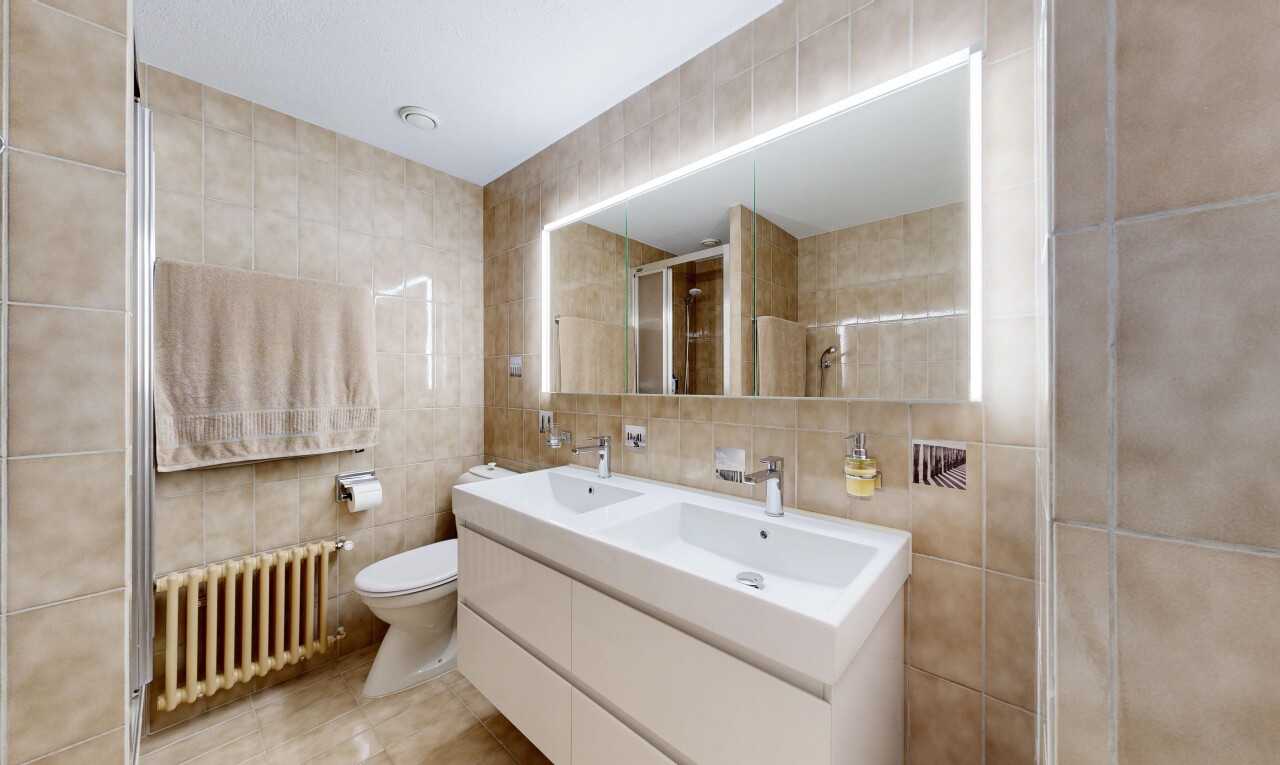 bad mit fliesenwand, tile wall, kühler, doppelwaschtisch, und komplettes badezimmer