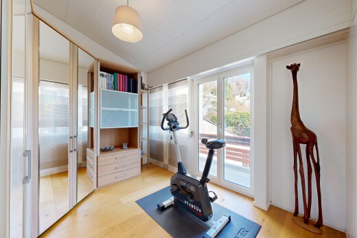 workout area featuring light wood finished floors and vaulted ceiling