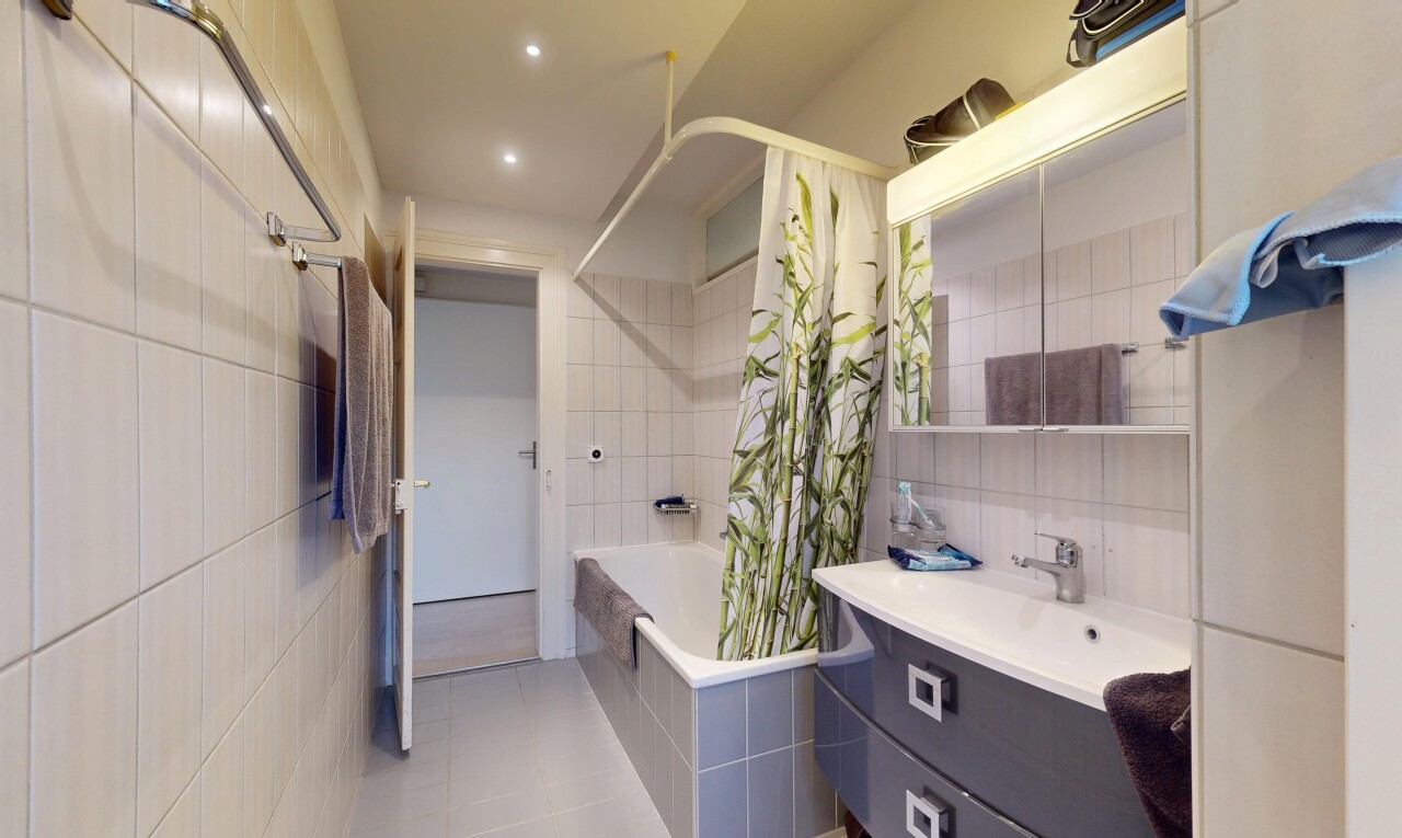 salle de bains avec douche-bain combinés, lavabo (ou coiffeuse selon le contexte), miroir, salle de bain complète, et mur en carrelage