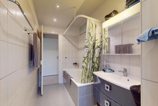 salle de bains avec douche-bain combinés, lavabo (ou coiffeuse selon le contexte), miroir, salle de bain complète, et mur en carrelage