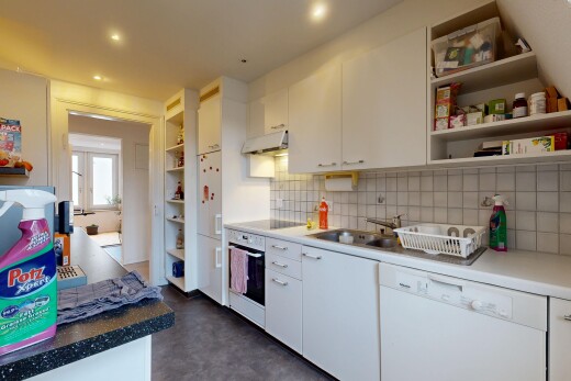 küche mit offene regale, geschirrspülmaschine, weiße schränke, dunstabzugshaube, und inside property