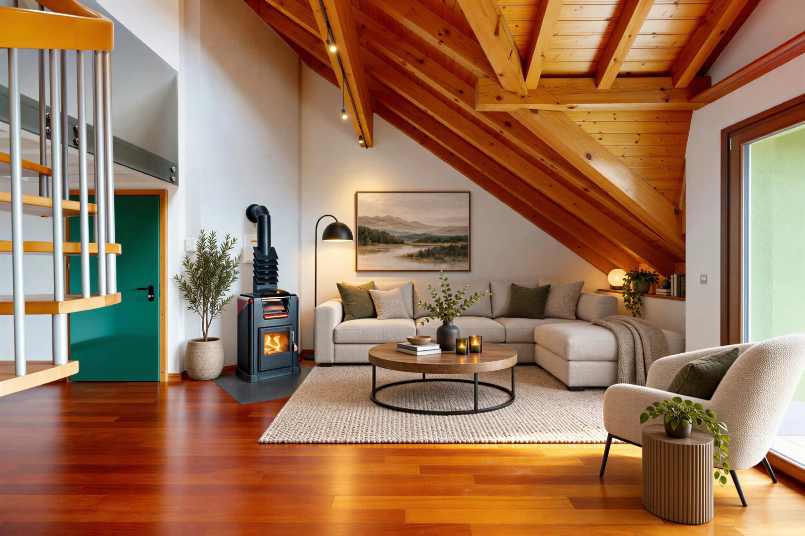 leerer raum mit deckenbeleuchtung, wood ceiling, holzdecke, beamed ceiling, und balkendecke
