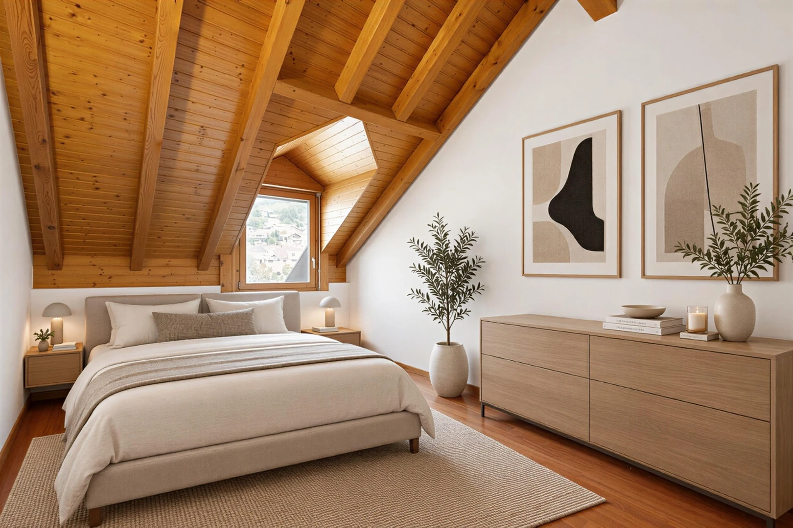 zimmer / schlafzimmer mit beamed ceiling, balkendecke, high end ceiling, wood ceiling, und holzdecke