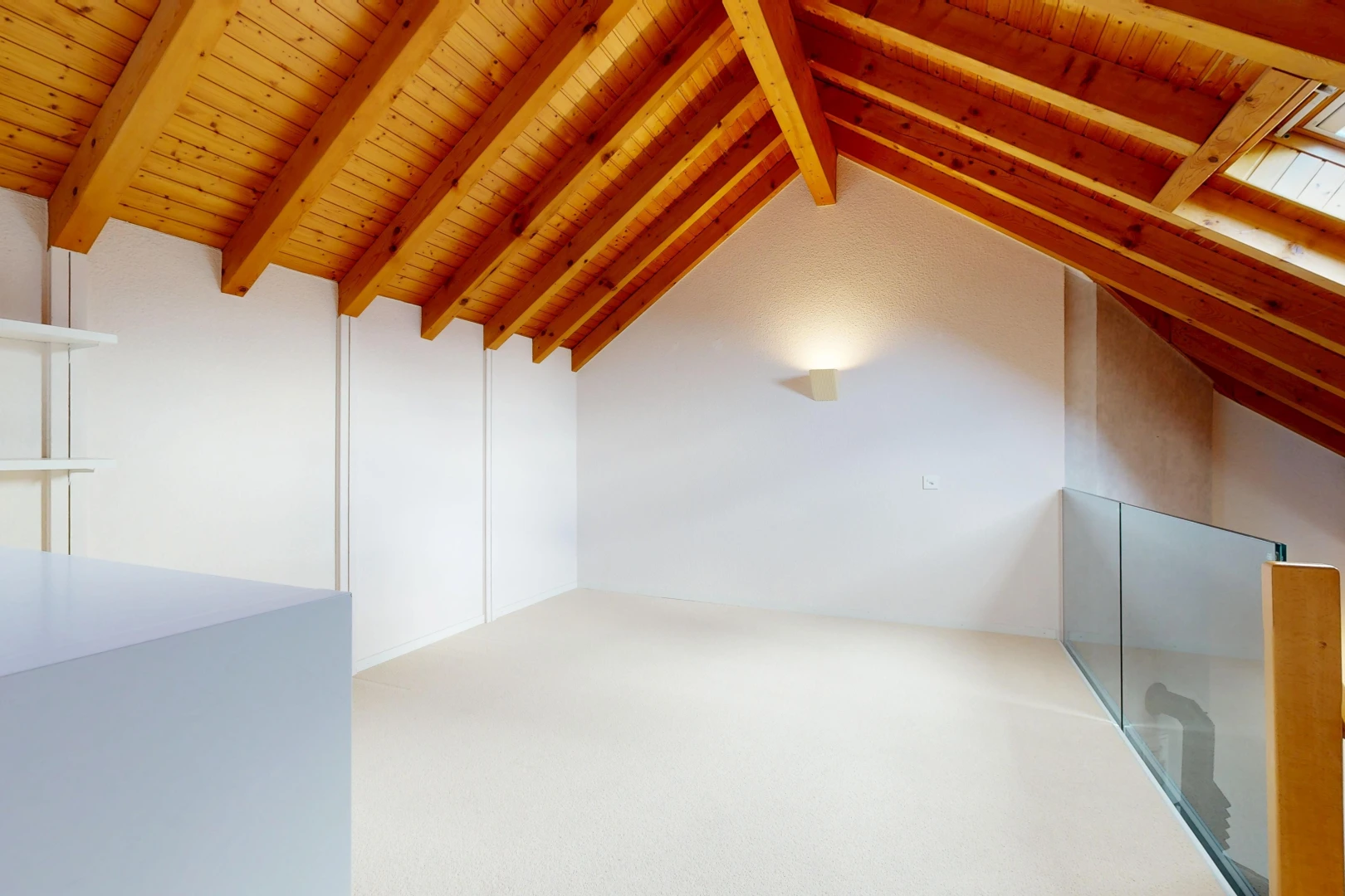 leerer raum mit vaulted ceiling, dachschräge, cathedral ceiling, kathedralendecke, und high end ceiling