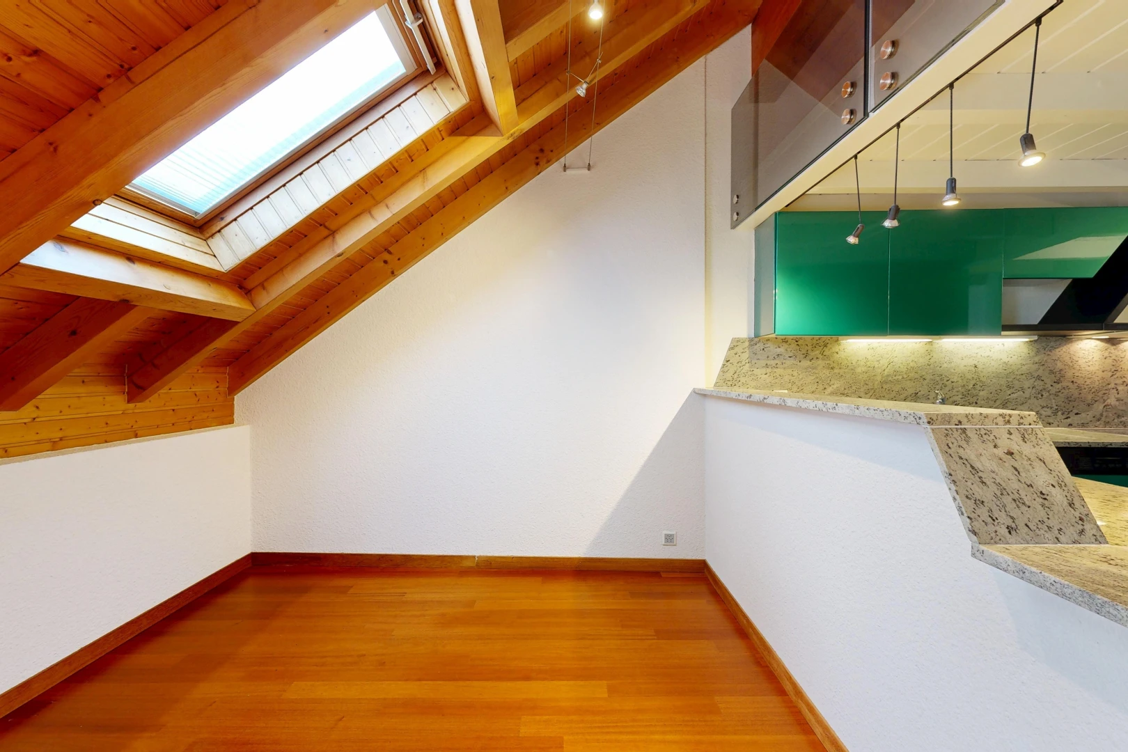 leerer raum mit wood ceiling, holzdecke, dachfenster, drywall, und gipskartonwand