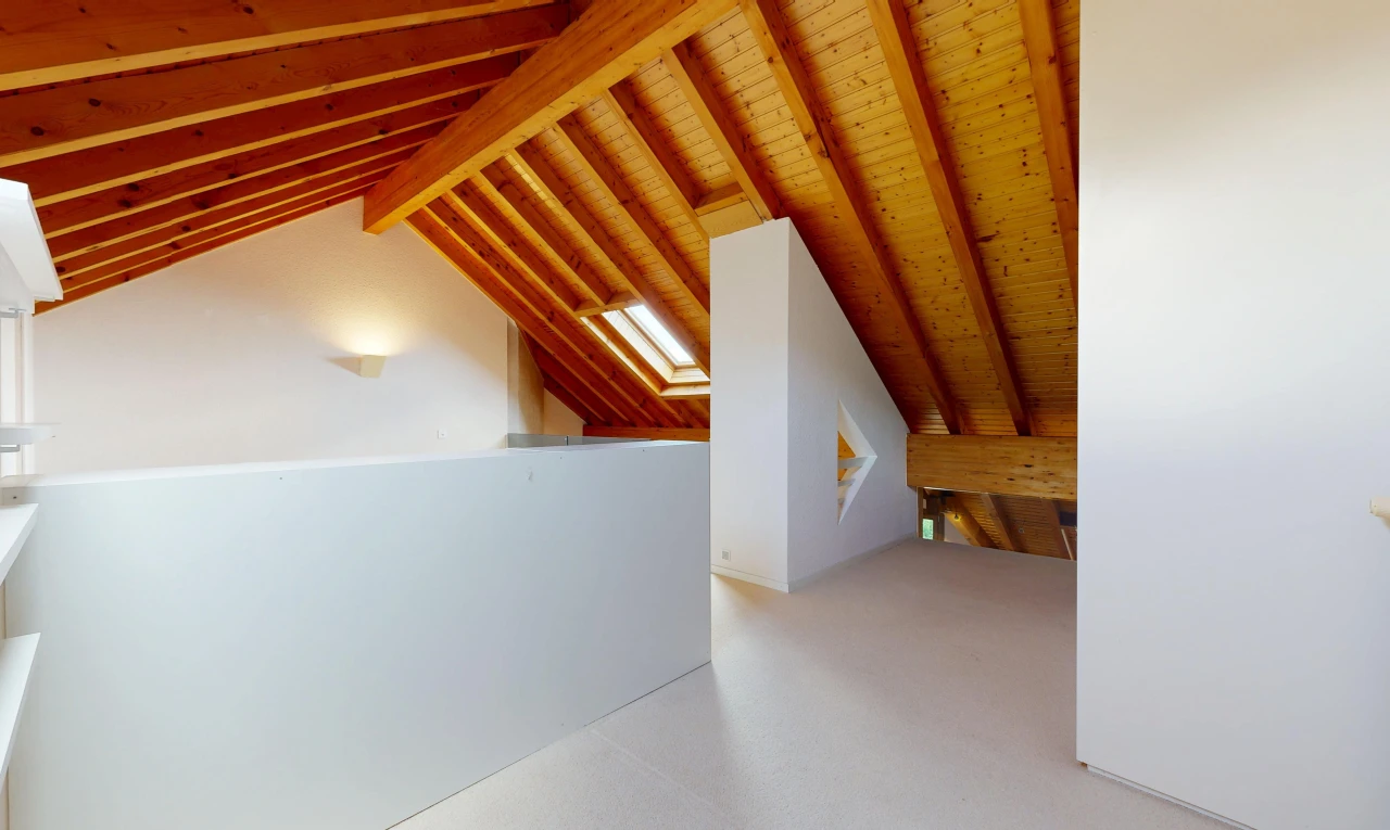 leerer raum mit dachschräge, vaulted ceiling, kathedralendecke, cathedral ceiling, und dachfenster
