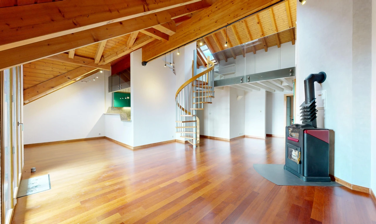 leerer raum mit holzofen, treppen, deckenbeleuchtung, wood ceiling, und holzdecke