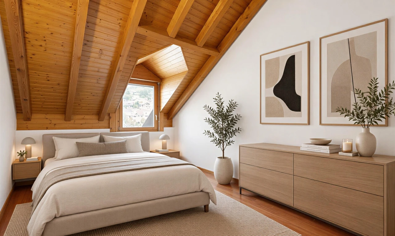 zimmer / schlafzimmer mit beamed ceiling, balkendecke, high end ceiling, wood ceiling, und holzdecke