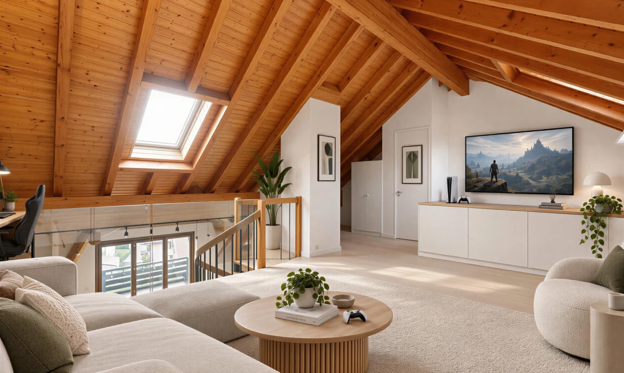 leerer raum mit eingebaute regale, treppen, vaulted ceiling, dachschräge, und dachfenster