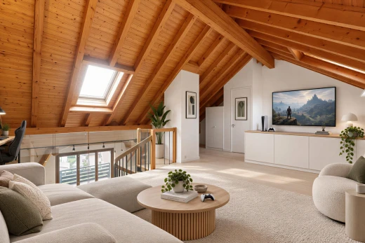 leerer raum mit eingebaute regale, treppen, vaulted ceiling, dachschräge, und dachfenster