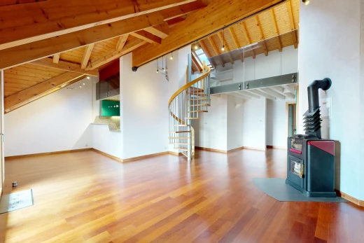 leerer raum mit holzofen, treppen, deckenbeleuchtung, wood ceiling, und holzdecke