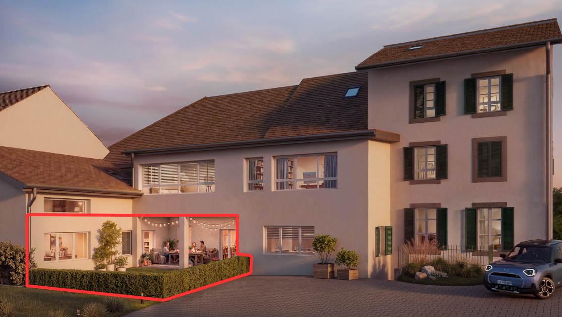 façade avec bardage en stuc, rendered, dusk, et toit en bardeaux