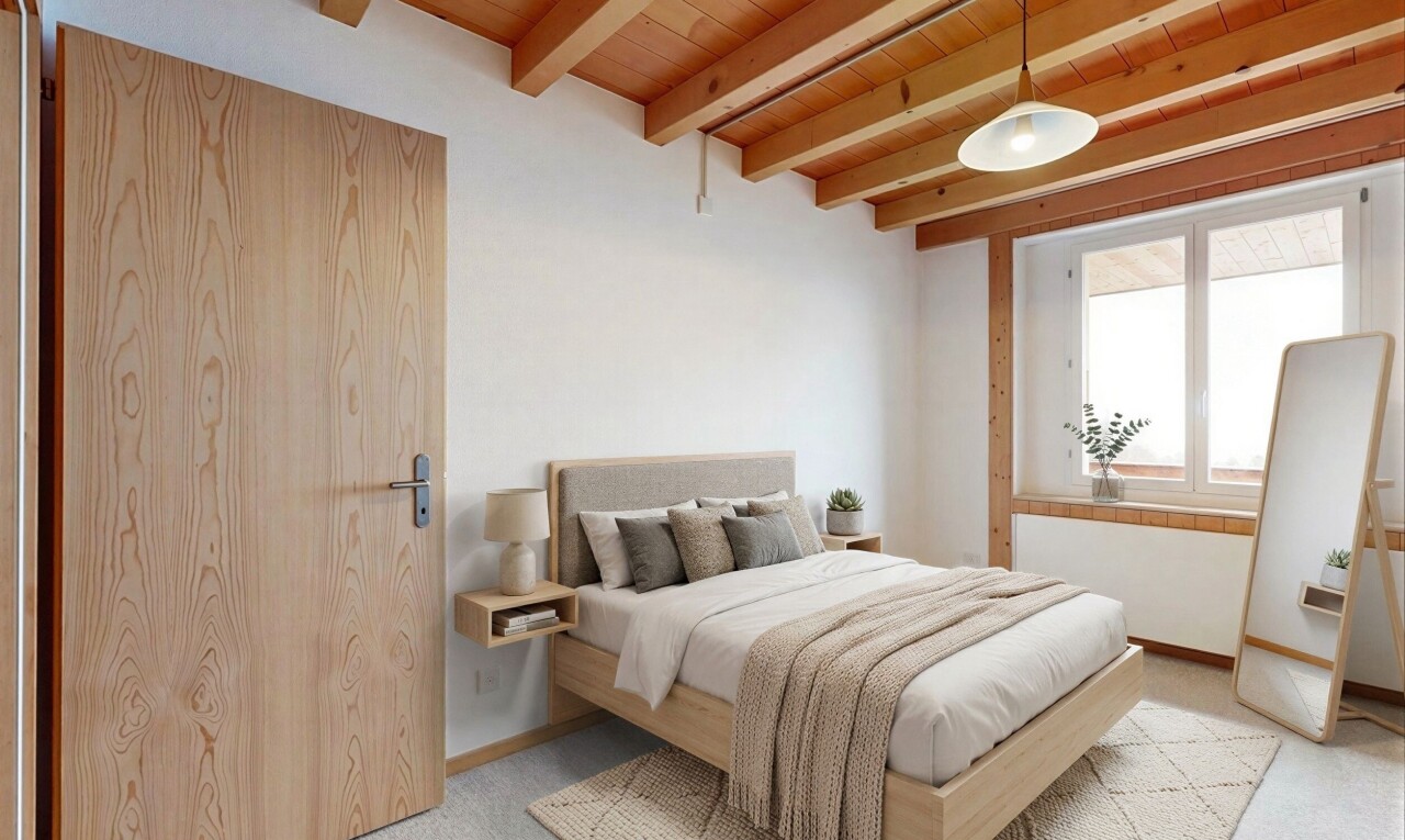 zimmer / schlafzimmer mit inside property, balkendecke, beamed ceiling, teppich, und carpet