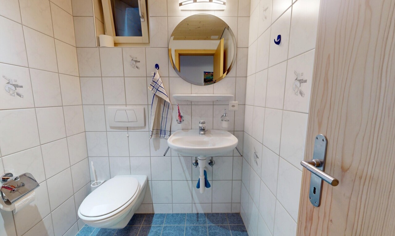 bad mit spiegel, gäste-wc, fliesenwand, tile wall, und inside property