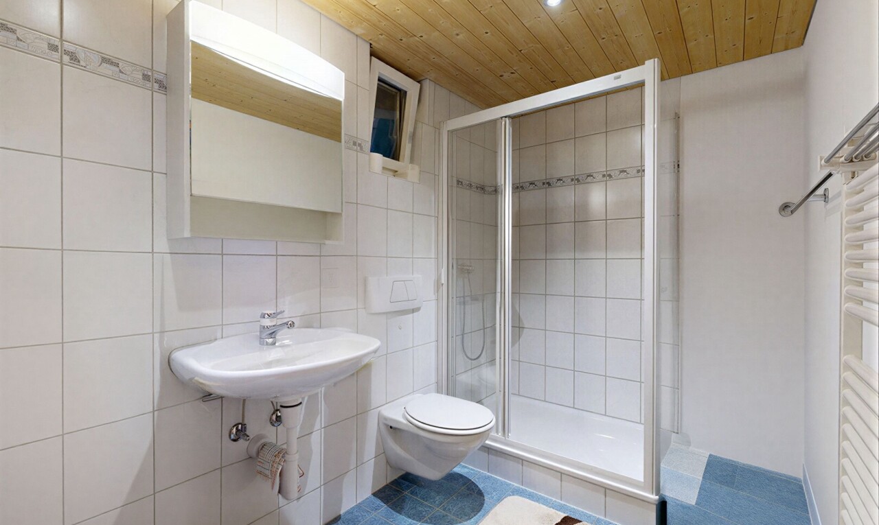 bad mit komplettes badezimmer, tile wall, fliesenwand, dusche, und inside property