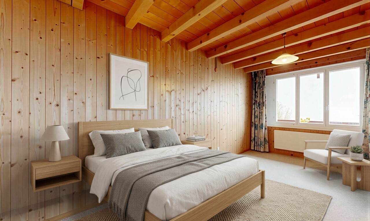 zimmer / schlafzimmer mit beamed ceiling, balkendecke, virtually staged, carpet, und teppich