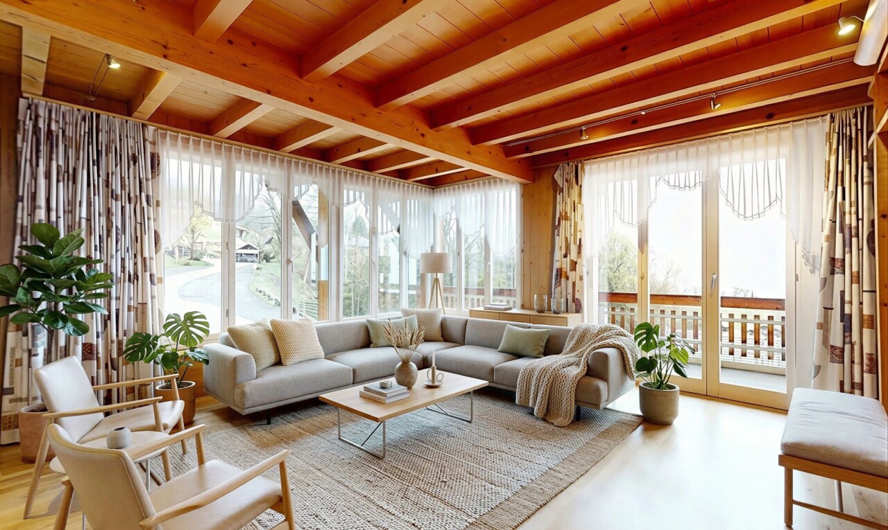 wohnzimmer mit inside property, balkendecke, beamed ceiling, natürliches licht, und natural light