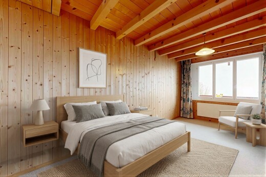 zimmer / schlafzimmer mit beamed ceiling, balkendecke, virtually staged, carpet, und teppich