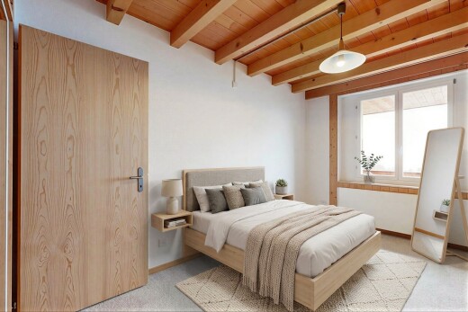 zimmer / schlafzimmer mit inside property, balkendecke, beamed ceiling, teppich, und carpet