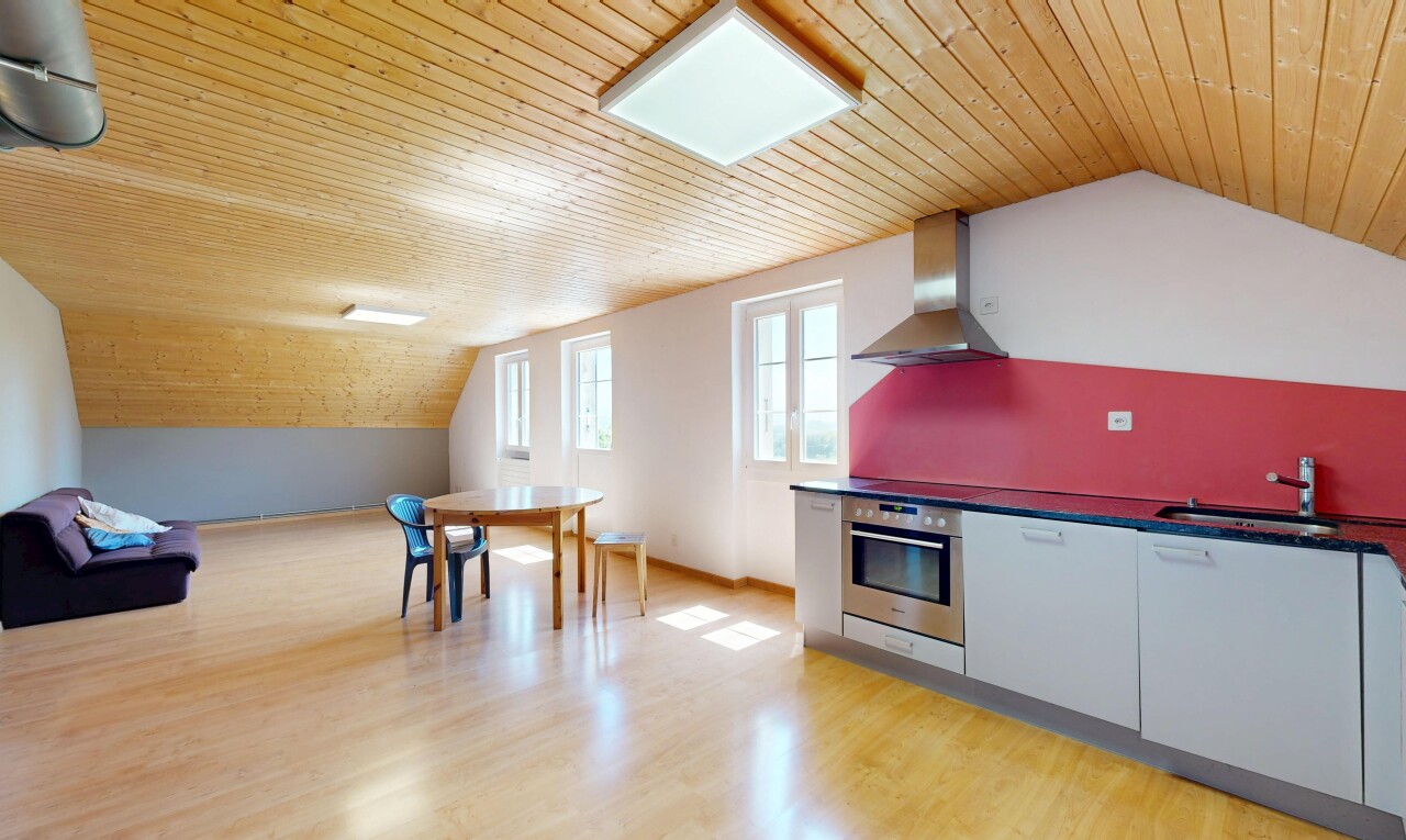 cuisine avec vaulted ceiling, plafond voûté, dark countertops, plans de travail, et hotte