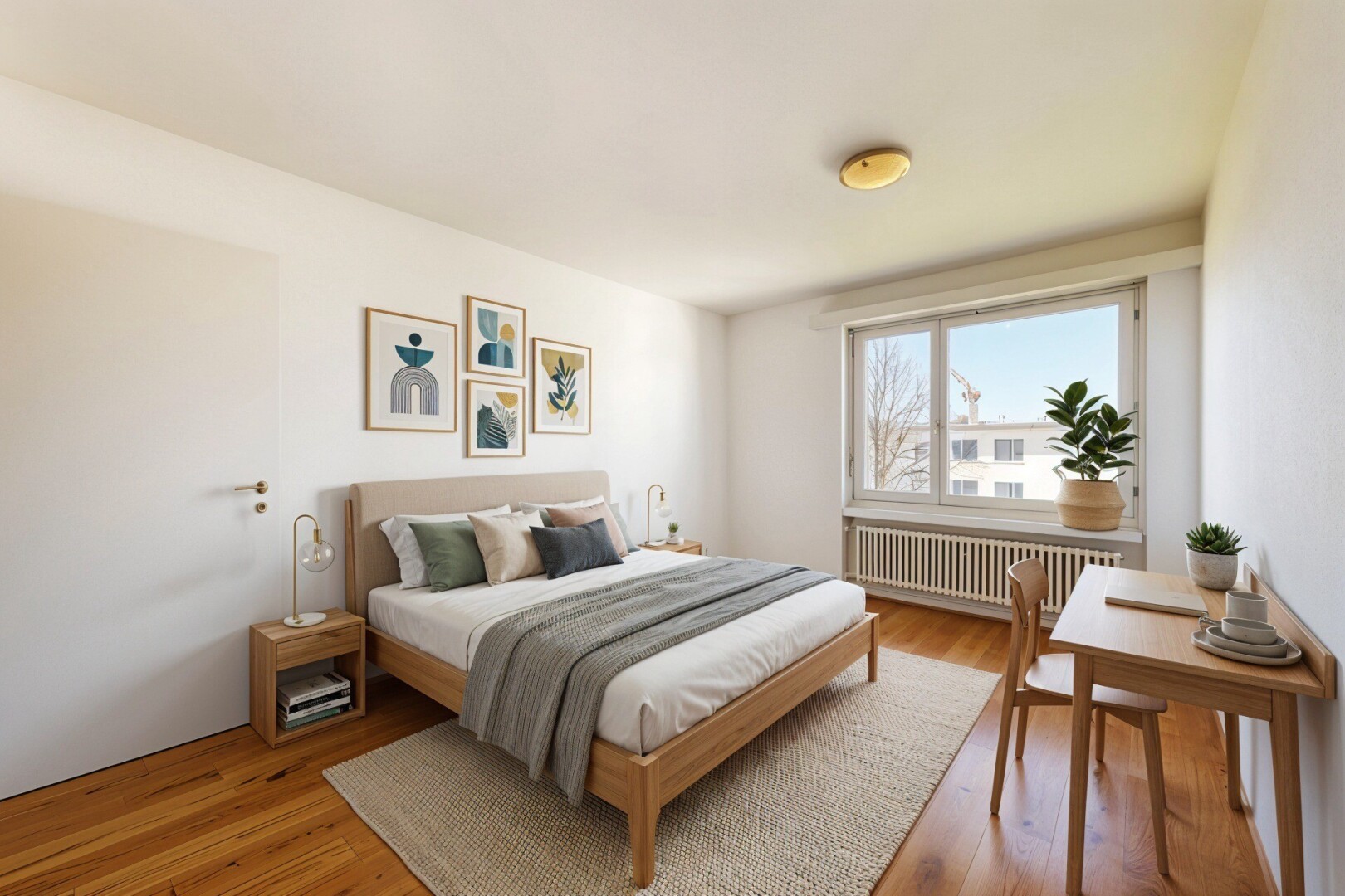 chambre avec radiateur, day time, sol en finition bois, wood finish floor, et inside property