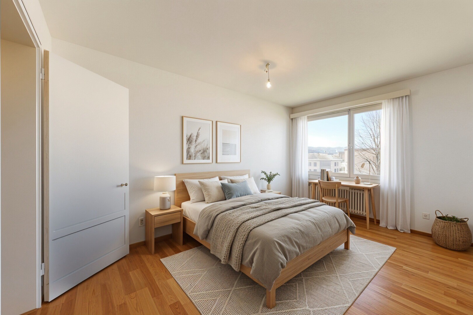 chambre avec inside property, virtually staged, wood finish floor, sol en finition bois, et drywall