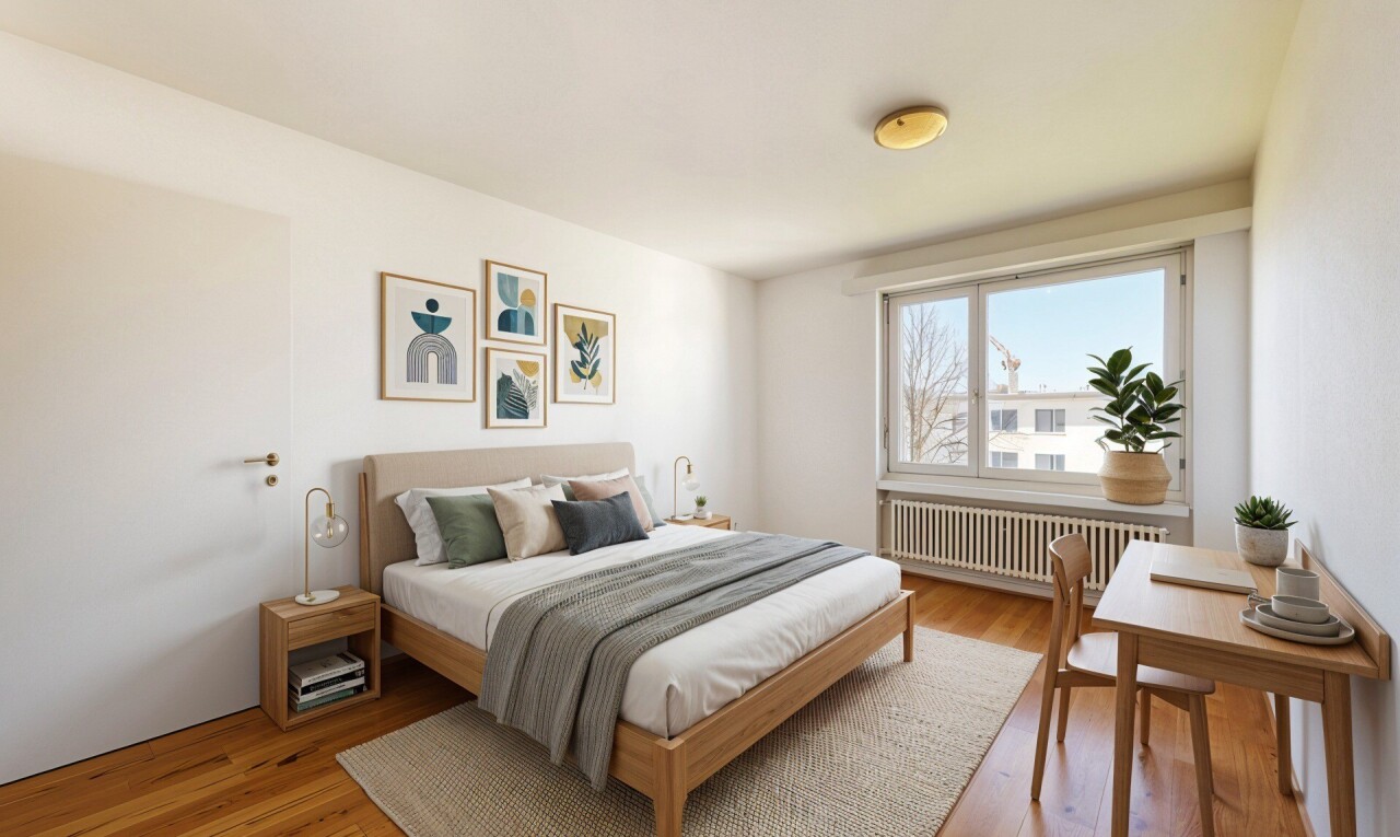chambre avec radiateur, day time, sol en finition bois, wood finish floor, et inside property