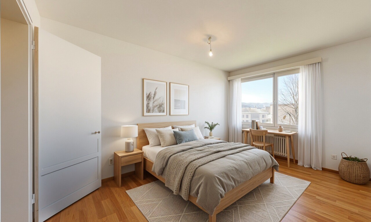 chambre avec inside property, virtually staged, wood finish floor, sol en finition bois, et drywall
