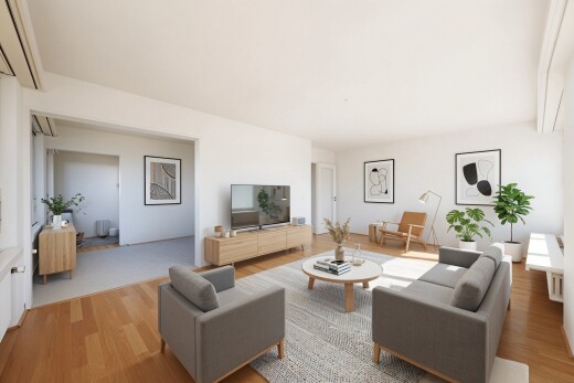 wohnzimmer mit inside property, fernseher, holzfußboden, wood finish floor, und virtually staged