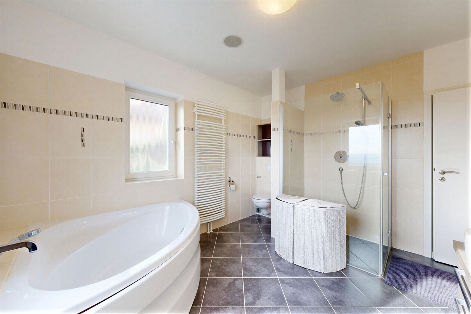 salle de bains avec salle de bain complète, chauffe-serviettes, radiateur, douche, et toilette