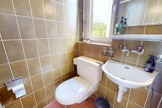 bad mit natürliches licht, fliesenboden, spiegel, fliesenwand, und toilette