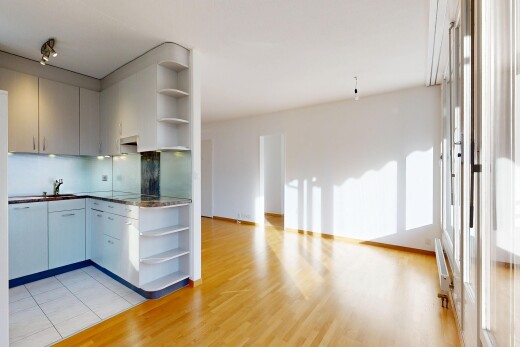 küche mit offene regale, open shelves, light floor, drywall, und gipskartonwand