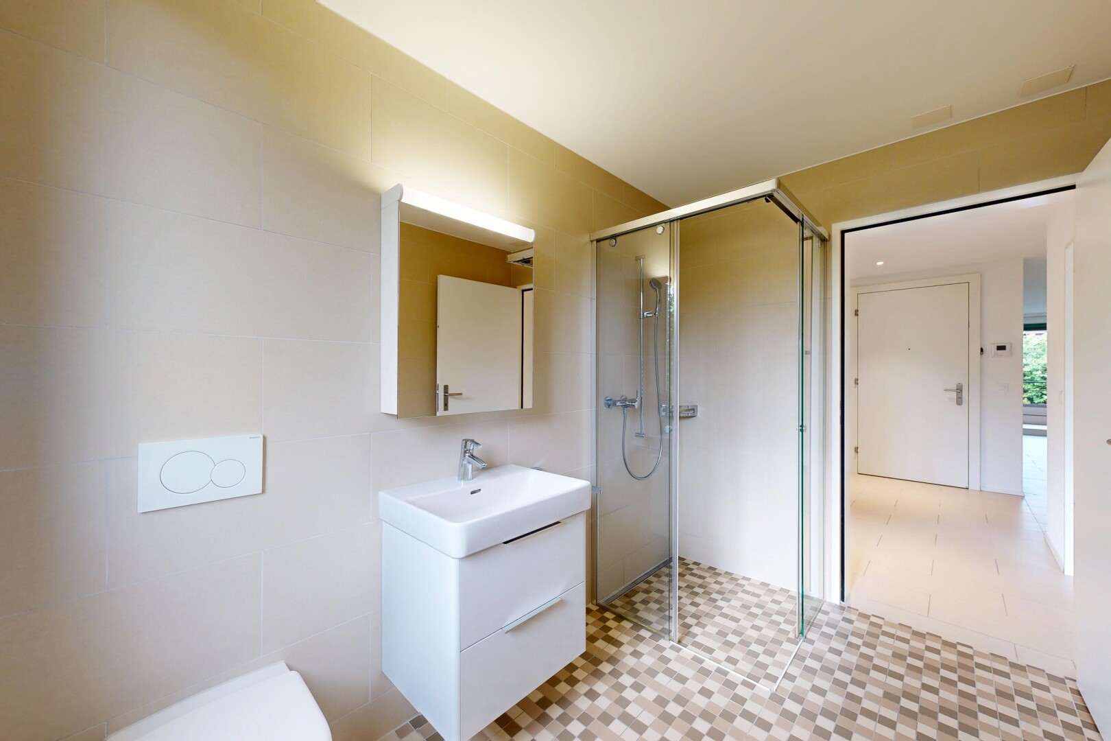 bad mit spiegel, light floor, komplettes badezimmer, dusche, und schminktisch
