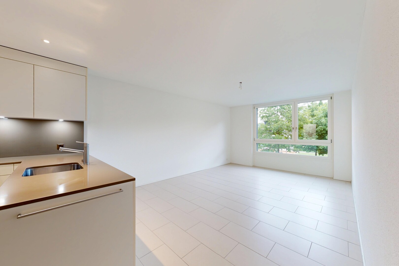 küche mit light floor, schränke mit flachen paneelen, flat panel cabinets, inside property, und waschbecken