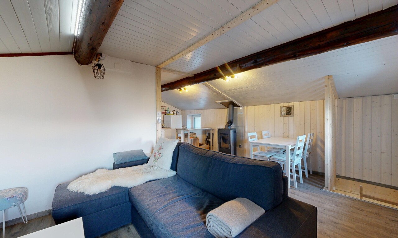 salon / salle à manger avec plafond voûté, vaulted ceiling, poêle à bois, sol en finition bois, et wood finish floor