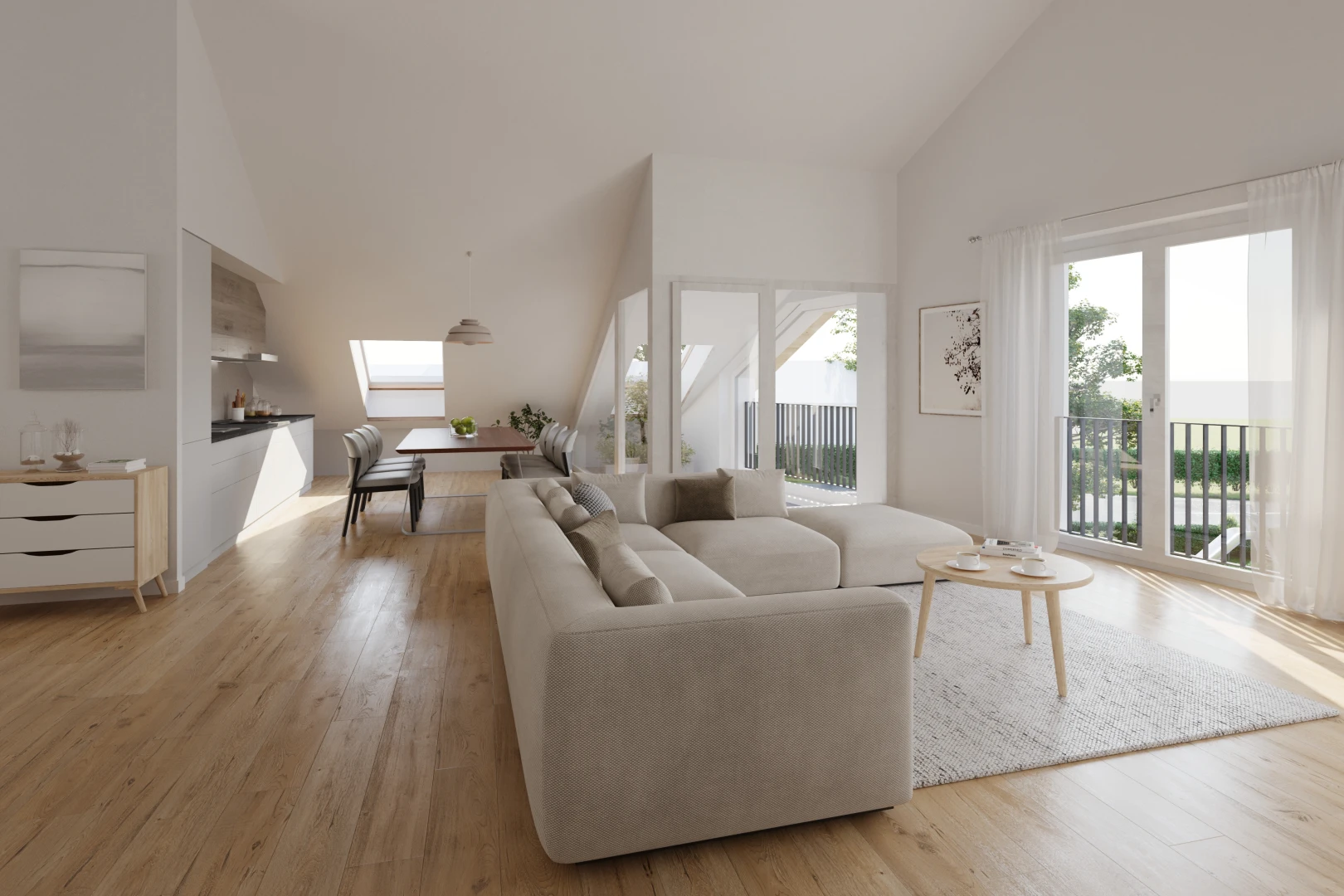 living room with high vaulted ceiling, a skylight, a wealth of natural light, and light wood-type flooring